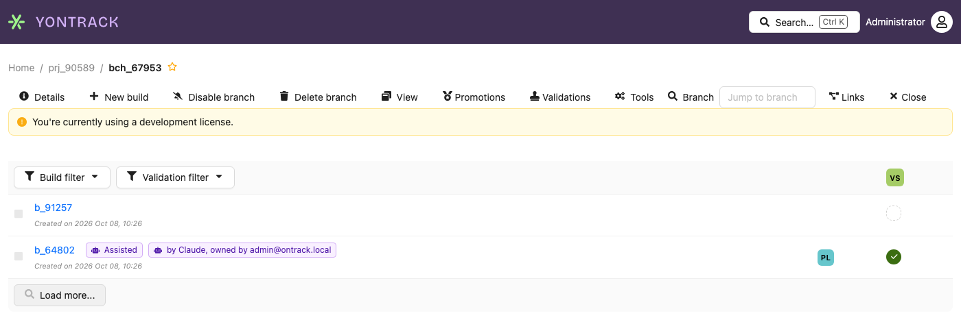 The builds of a branch, one of them created by an agent